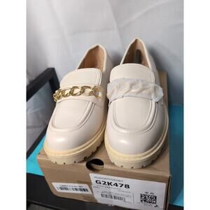 Coutgo Girls Platform Penny Loafers Chain Dress Shoes Beige Size 3